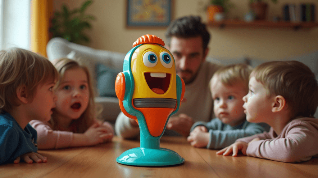 A colorful laughing toy shaped like a cartoon microphone, with exaggerated eyes, surrounded by children in a living room, whispering into it while a bewildered adult talks in the background.