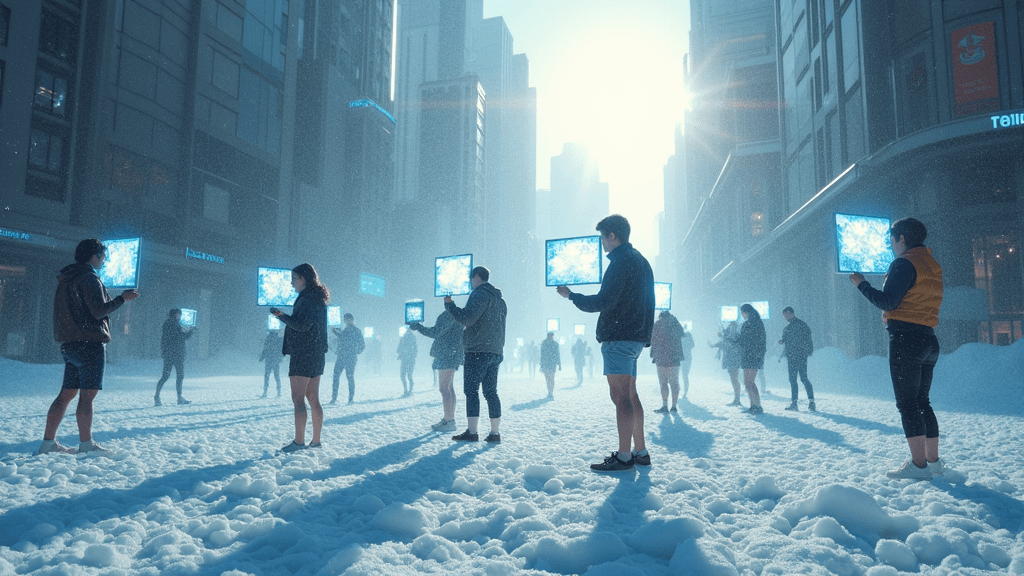 A futuristic city melting under a bright sun, with people using handheld devices that project icy graphics, creating an artificial snowstorm around them as they shiver in their shorts.