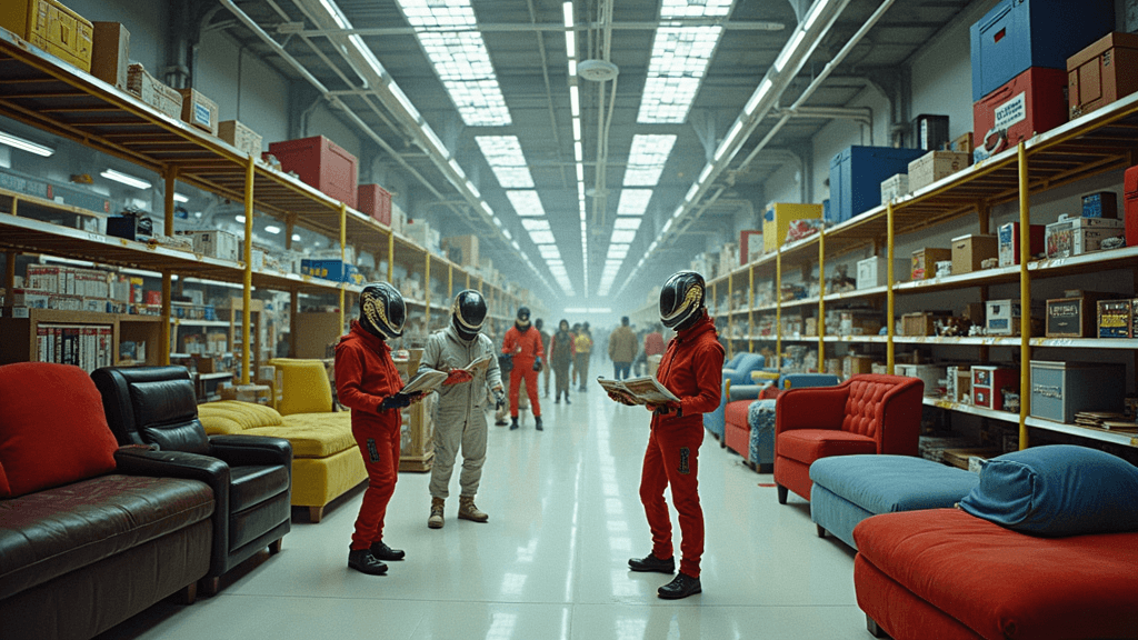 A bustling IKEA store floating in space, filled with colorful, partially assembled furniture drifting in zero-gravity, with alien shoppers in a variety of bizarre spacesuits holding instruction manuals.