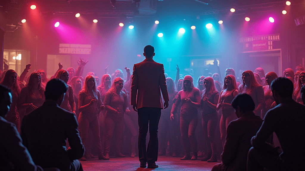 A bustling intergalactic comedy club filled with aliens of various shapes and sizes, bright neon lights, and a stage where a human comedian delivers a punchline to a laughing crowd.