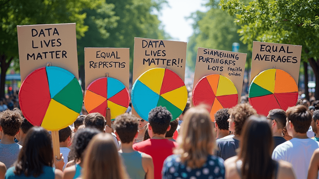 A group of colorful pie charts and bar graphs holding protest signs that read 'Data Lives Matter' and 'Equal Representation for Averages' in a sunny park, surrounded by bewildered humans.