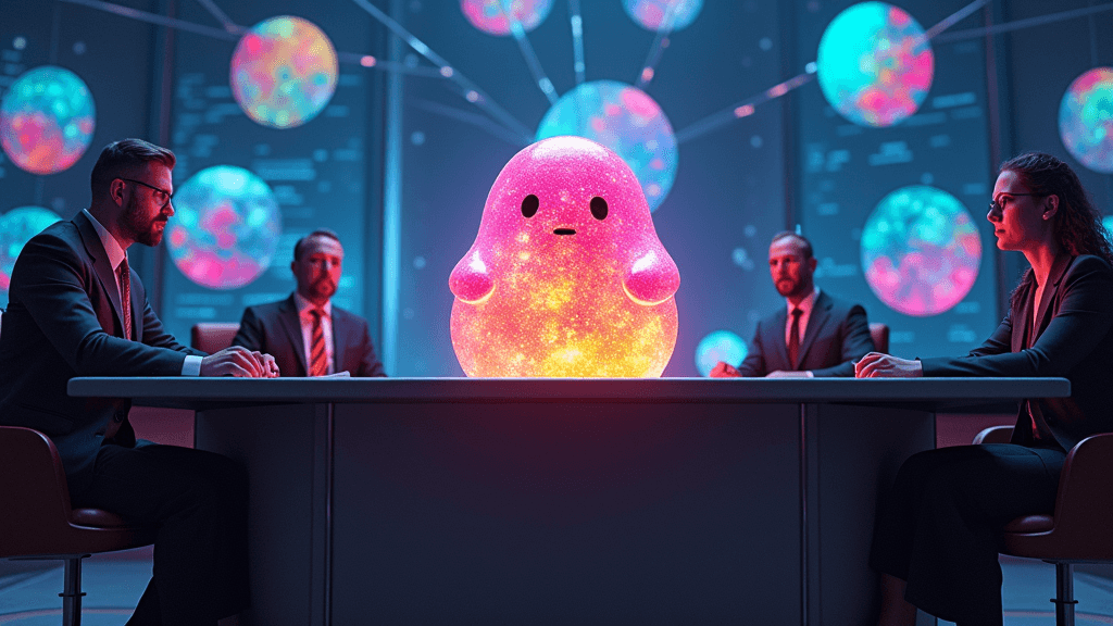 The colorful, glowing jellybean sits on a futuristic judge's podium amidst advanced holographic displays, while baffled space lawyers look on.