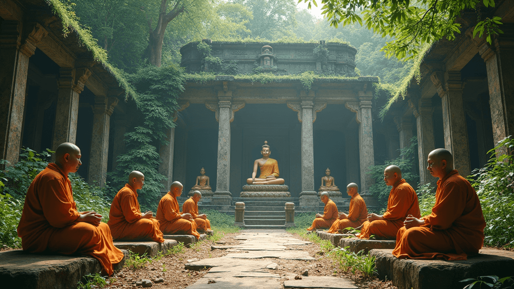 An ancient temple surrounded by lush greenery, where statues of various deities gather dust while monks sip tea, pondering the mysteries of eternity, all while being serenaded by a single, endless chant.