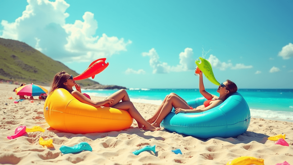 A sunny beach littered with colorful plastic waste, while sunbathers lounge on inflatable couches, sipping drinks out of oversized straws shaped like fish.