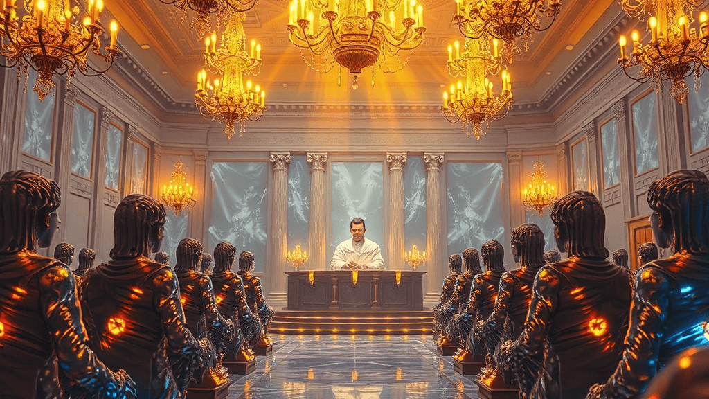 A surreal digital painting featuring a grand courthouse bathed in radiant golden light that refracts through crystalline chandeliers fashioned from shimmering silicon and glowing fiber-optic vines. The judge, adorned in a luminous robe woven from glowing threads, presides over a gallery of attentive sentient sculptures, all bathed in a soft ethereal glow that highlights their intricate marble veins. The courtroom’s walls pulse gently with waves of iridescent color as abstract compositions float midair like holographic sheet music, influenced by the shifting conditions of justice and light itself.