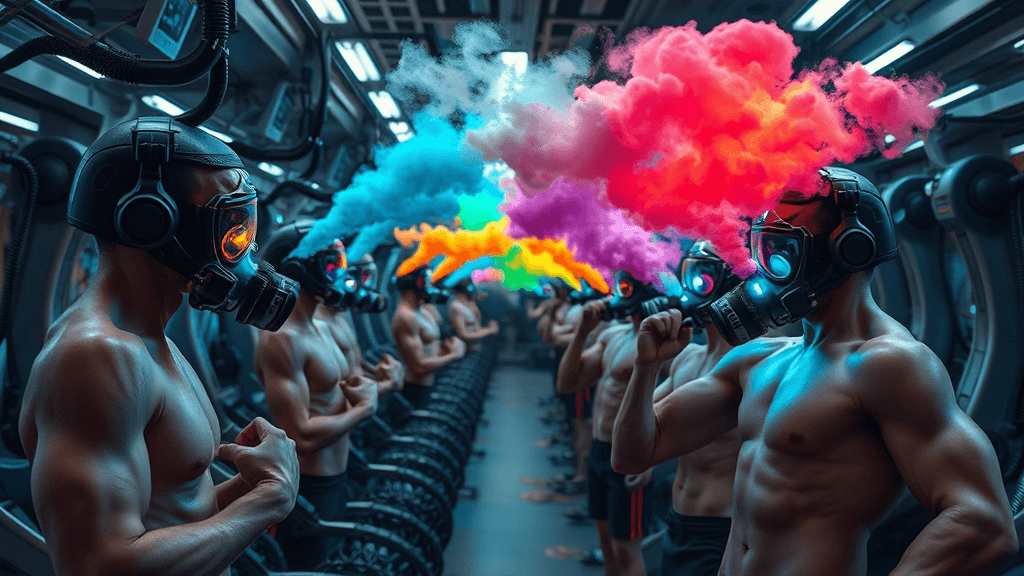 A futuristic gym filled with sleek machines and people wearing high-tech respirators, inhaling colorful gas clouds with flexed biceps glowing.