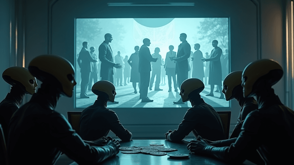A group of alien diplomats huddles around a glowing holographic screen, morosely watching a montage of humans engaging in mundane activities like waiting in line and arguing about pizza toppings.