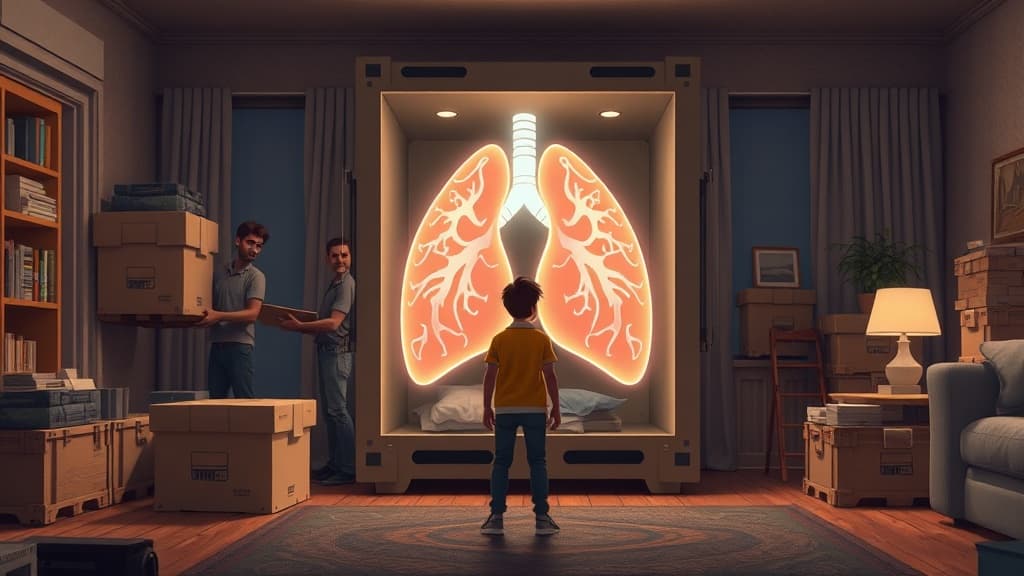 An animated scene showing a group of movers carefully packing oversized, glowing lungs into futuristic moving crates while a bewildered person watches, standing in a half-packed living room.