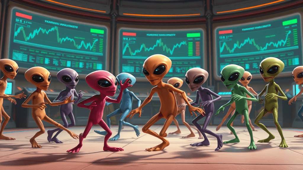 Animated scene of various aliens of different shapes and colors performing a quirky dance involving rolling movements, with holographic screens showing trade charts in the background