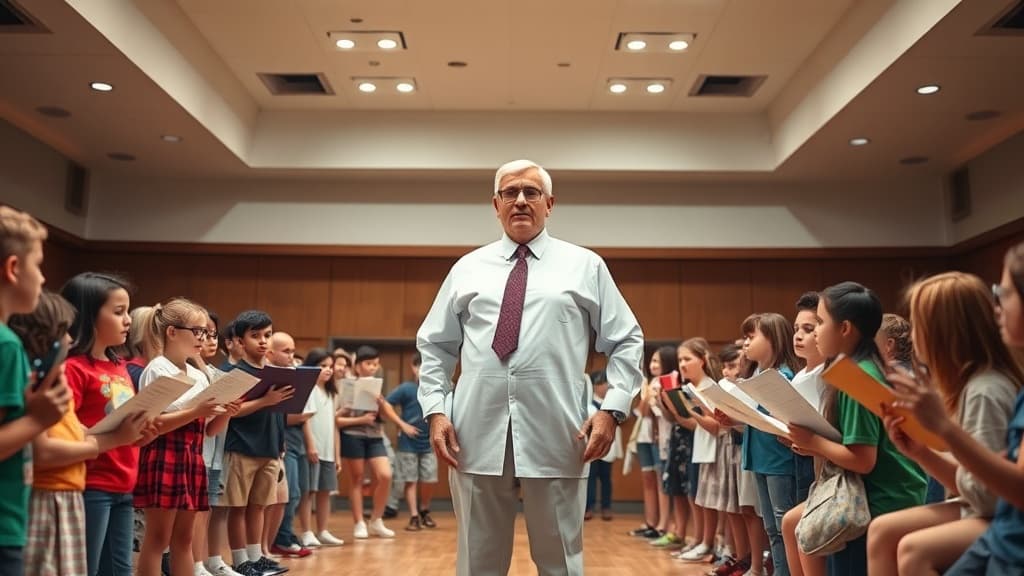 A bewildered school principal stands on stage wearing an invisible outfit, surrounded by confused students holding scripts and props in a brightly lit auditorium.
