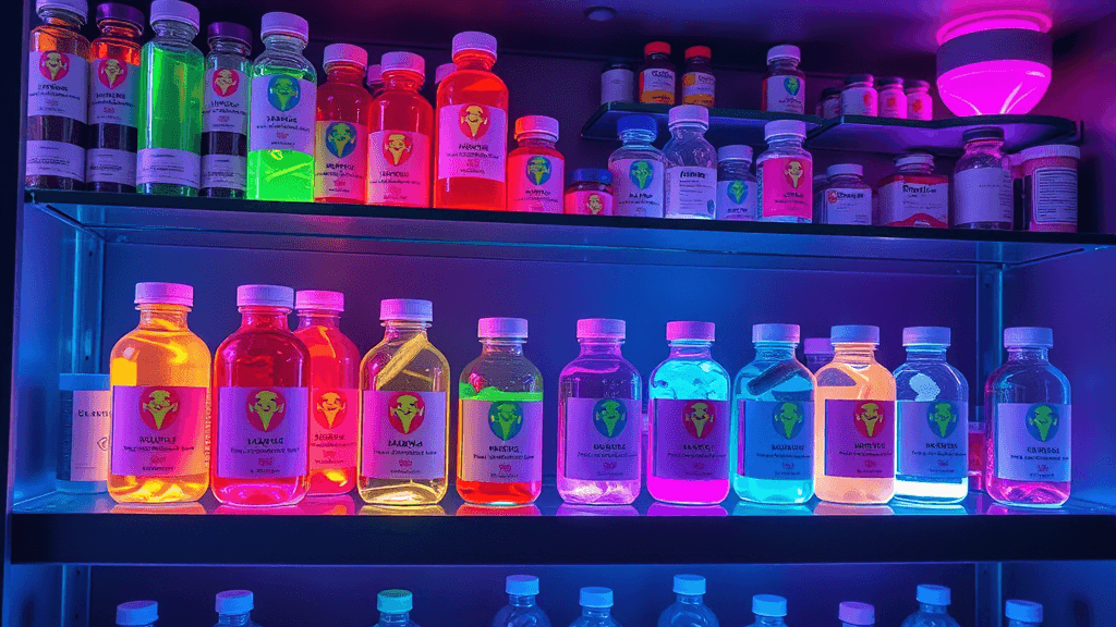 A colorful futuristic pharmacy shelf packed with neon-glowing, swirling liquid medicines labeled with quirky alien symbols instead of traditional base types.