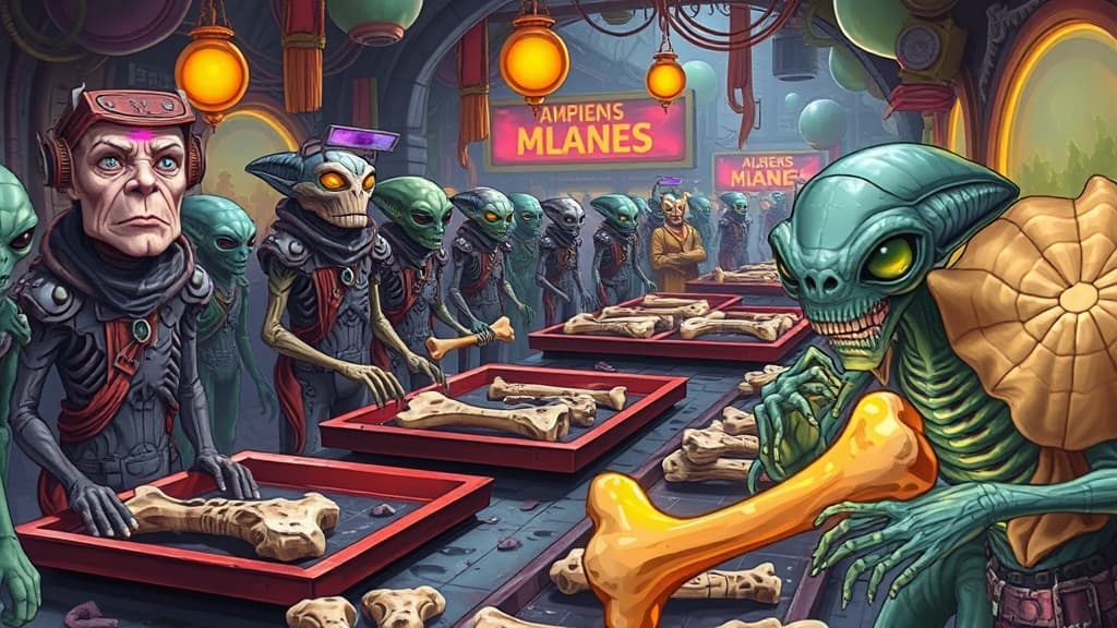 A colorful alien marketplace bustling with extraterrestrials, some looking puzzled beside empty trays where giant bones once lay, while a sly alien snacks mischievously on a glowing bone fragment.