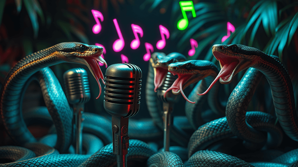 A group of snakes coiled around delicate ancient microphones, their tongues flickering in rhythm as neon musical notes float through a dimly lit jungle studio.