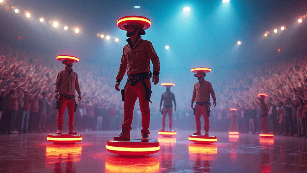 A group of athletes in futuristic cowboy attire, riding hoverboards while juggling plates balanced on their heads, all surrounded by a glowing neon arena filled with cheering fans.