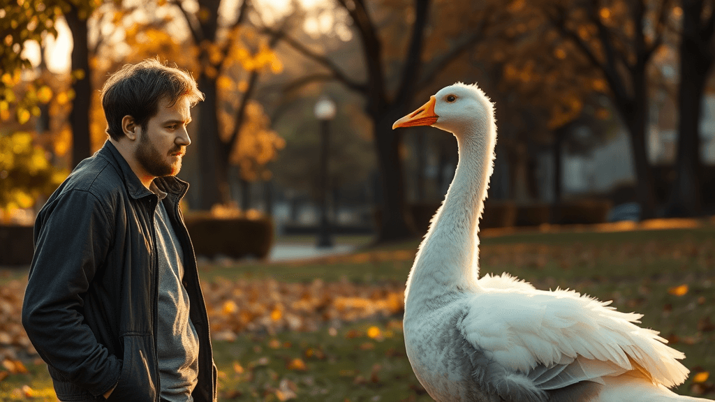 A bewildered man cautiously facing off against a flamboyantly slow, fluffy goose in a suburban park bathed in golden sunlight, leaves gently drifting around them.