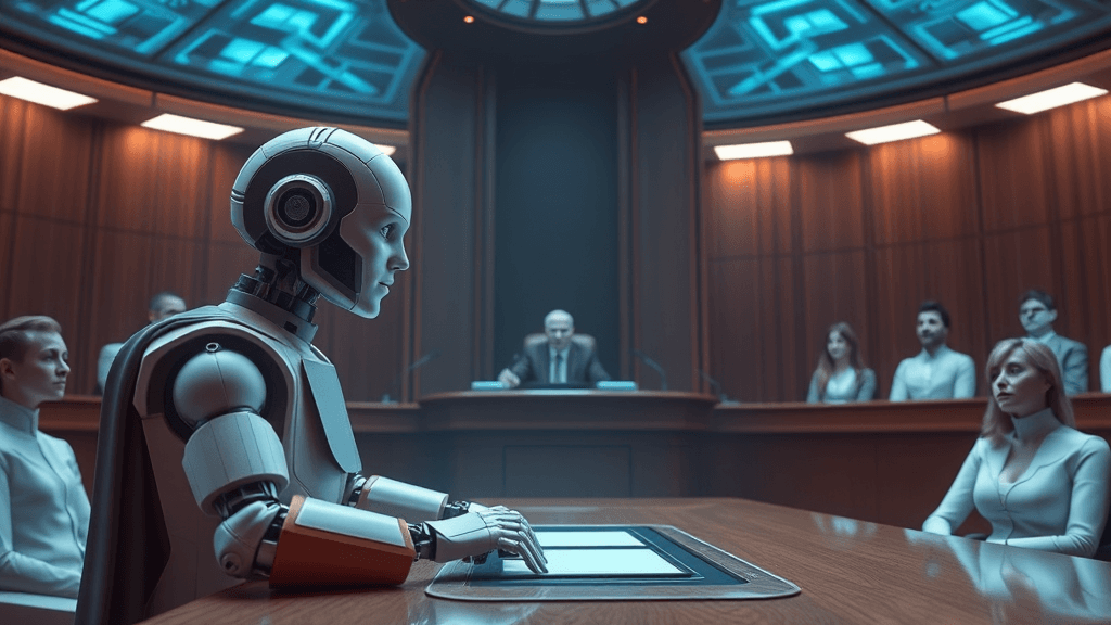A futuristic courtroom with holographic displays, where a robotic judge with an expressionless face is confounded by a human lawyer's sarcastic remark, while holographic jurors watch in amusement.