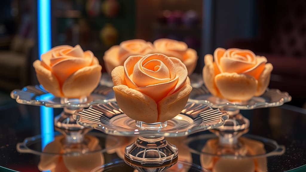 A whimsical display of intricately rose-shaped cookies perched atop fragile, translucent glass plates that shimmer under soft neon lighting.