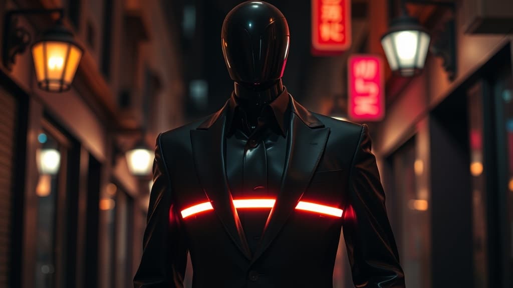 A sleek mannequin in a glossy black suit adorned with a glowing neon underline band across the chest, standing in a dark alley illuminated by flickering cyberpunk street lamps.