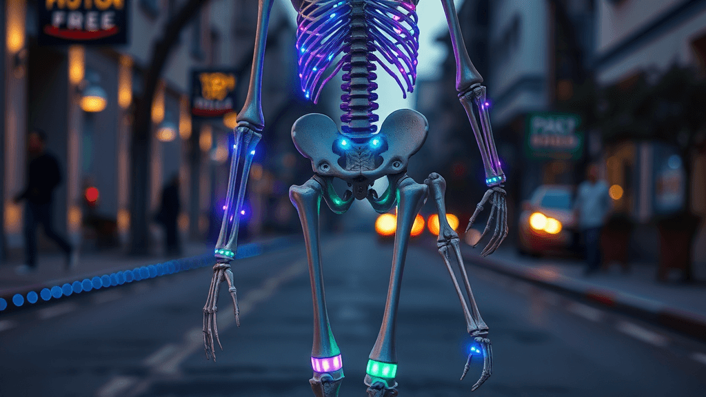 A futuristic humanoid skeleton walking down a street, its bones glowing in vibrant colors with tiny LED lights neatly arranged in structured piles along each bone.