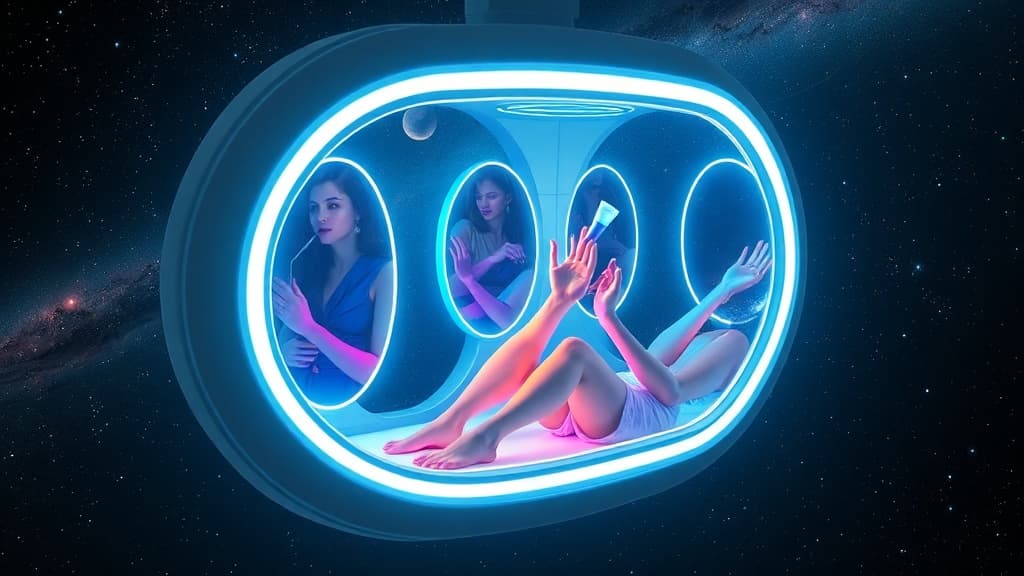 A futuristic beauty salon floating in space with holographic mirrors showing multicolored limbs applying glowing creams, amidst a backdrop of distant stars and nebulae.