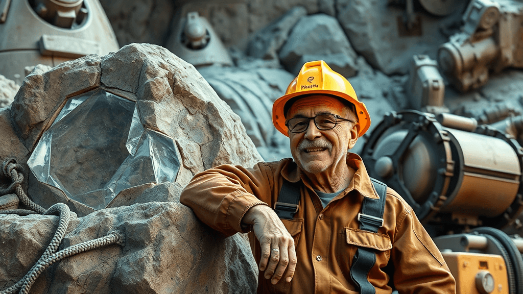 A wrinkled rock engineer in a hard hat, leaning on a giant crystalline rock formation with a nostalgic smile, surrounded by futuristic mining equipment.