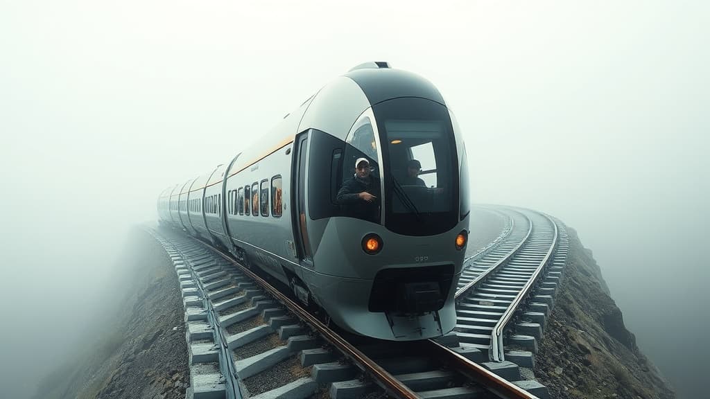 A futuristic train that looks like a metallic worm twisting unpredictably on transparent tracks stretching into the foggy horizon, with bewildered passengers peering out of mismatched windows.