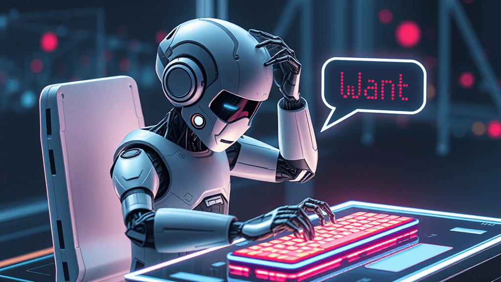 A futuristic robot sitting at a glowing holographic keyboard, scratching its metallic head with a tiny digital speech bubble showing the word 'Want' fading away into pixelated confusion.