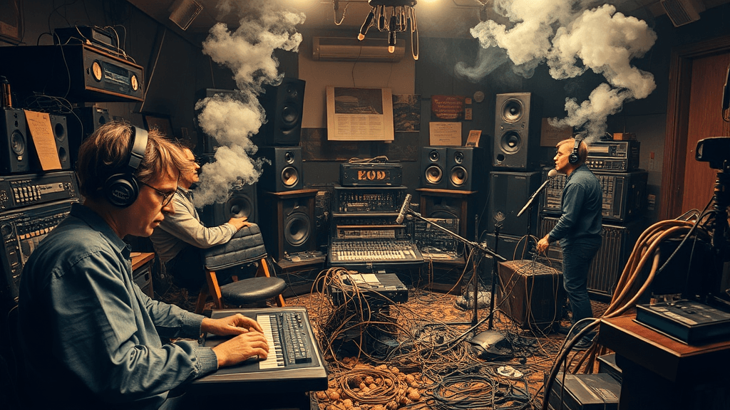 A chaotic recording studio filled with confused sound engineers sniffing burnt nuts and headphones emitting smoky wisps amidst tangled wires.
