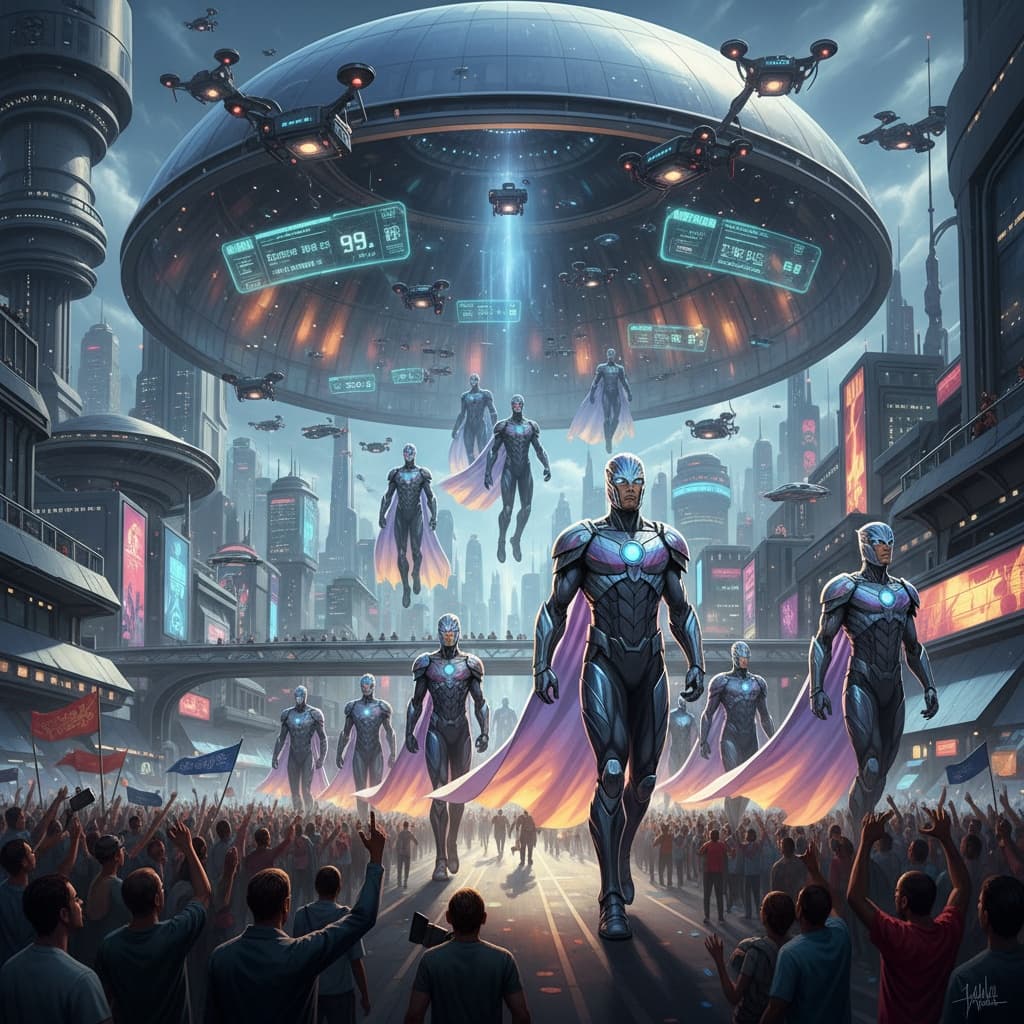 A gleaming metropolis under a chrome dome. The Tall Fully Courage Force marches in a line of colossal heroes in iridescent armor, capes fluttering like sails. Drones hover overhead flashing a Bravery Index while their long shadows stretch across a cheering crowd, and gravity seems to ease for the squad’s tallest champions.