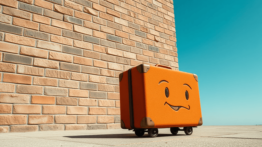 A solitary orange-red brick with a tiny suitcase rolling away from a towering brick wall, eyes and mouth carved comically into its surface, under a bright blue sky.