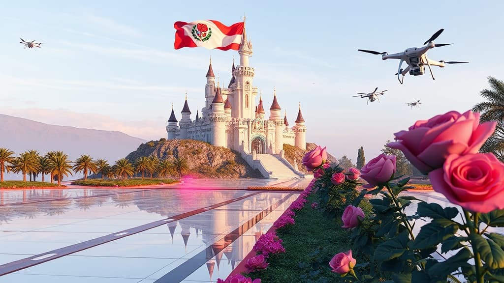 A futuristic castle sits atop a glassy hill overlooking a gleaming lot. A flag bearing a rose crest flaps proudly, while holographic price tags hover over the pavement and oversized roses bloom along the border, with drones in the distance.