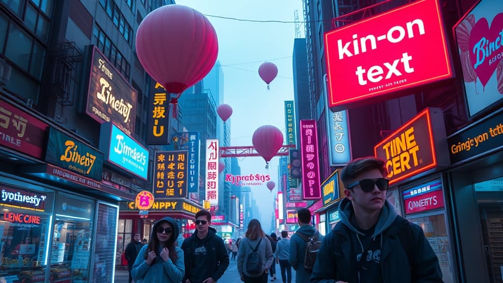 A neon cityscape where holographic sentences float like weather balloons; teenagers wearing smart glasses dodge elongated phrases, while arcade-style signs buzz with drifting run-on text.