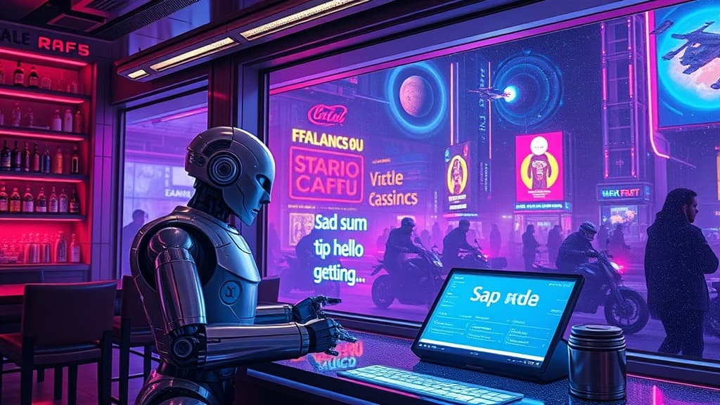A neon-lit spaceport cafe with a chrome-armed robot cashier projecting a holographic menu that reads 'sad sum tip hello getting', while starships and hover-bikes bustle outside a window filled with holographic billboards and glittering dust.