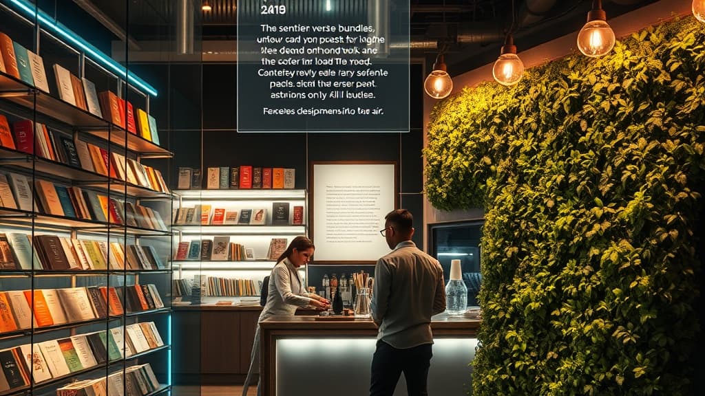 A chrome-and-neon storefront glows, shelves lit by sentient verse bundles. A holographic stanza unfurls above a glowing counter as customers swipe for mood-boosting lines, while a barista-botanist tends a moss wall that releases lyrical perfume into the air.
