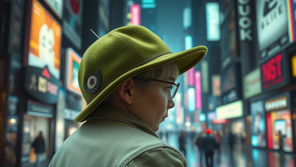 A moss-green felt hat perched on a pale shoulder, brim angled with discernment, a tiny synthetic antenna twitching and a stitched eye blinking sarcasm. The scene is a neon-lit street in a sprawling future city, with reflections of holographic adverts on chrome surfaces.