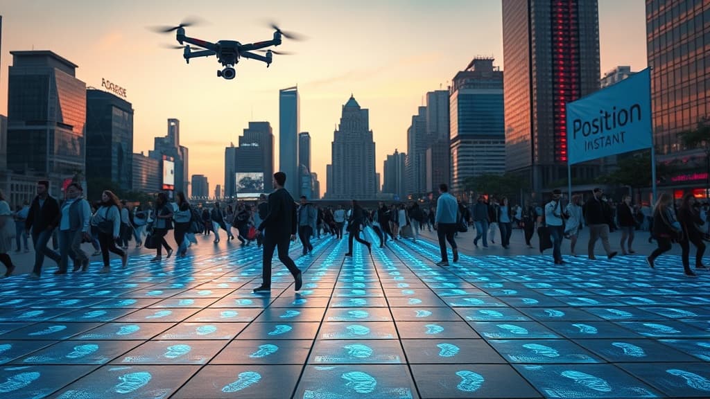 A bustling megacity plaza at dusk; holographic footprints appear under each passerby as the ground tiles snap into place with a soft neon glow. A drone circles overhead, framing a line of citizens stepping onto shimmering blue tiles that lock in place the moment their weight is felt. A wind-swept flag labeled 'Position Instant' flutters in the background.