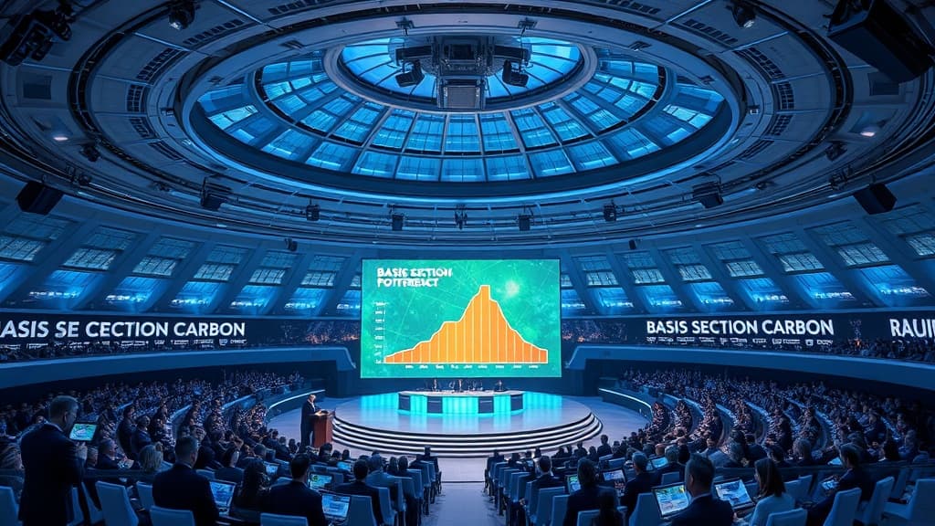 A glittering orbiting conference hall with a carbon-fiber lectern, a giant rotating carbon footprint chart, and holographic banners reading 'Basis Section Carbon.' Suited officials push glossy projectors as a neon-blue glow bathes a crowd of attendees, while outside the dome a city hums under towering glass domes.